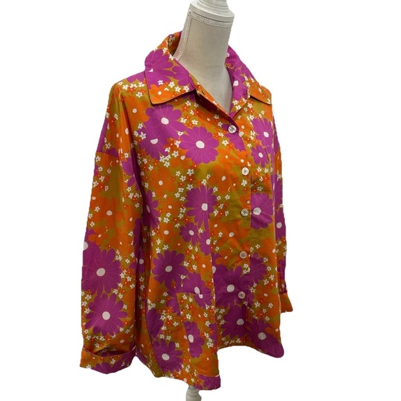 BALOU Organic Shirt Marie Sz S Small Orange Purple Floral Button Front - Picture 3 of 9
